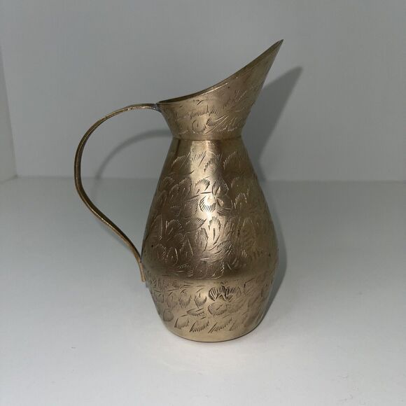 Solid Brass Bud Vase Pitcher Etched Leaves Leaf Design Made in India - Picture 3 of 6